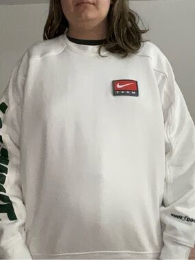 Nike White Crewneck Sweatshirt with Red Chest Patch and Green Sleeve Text